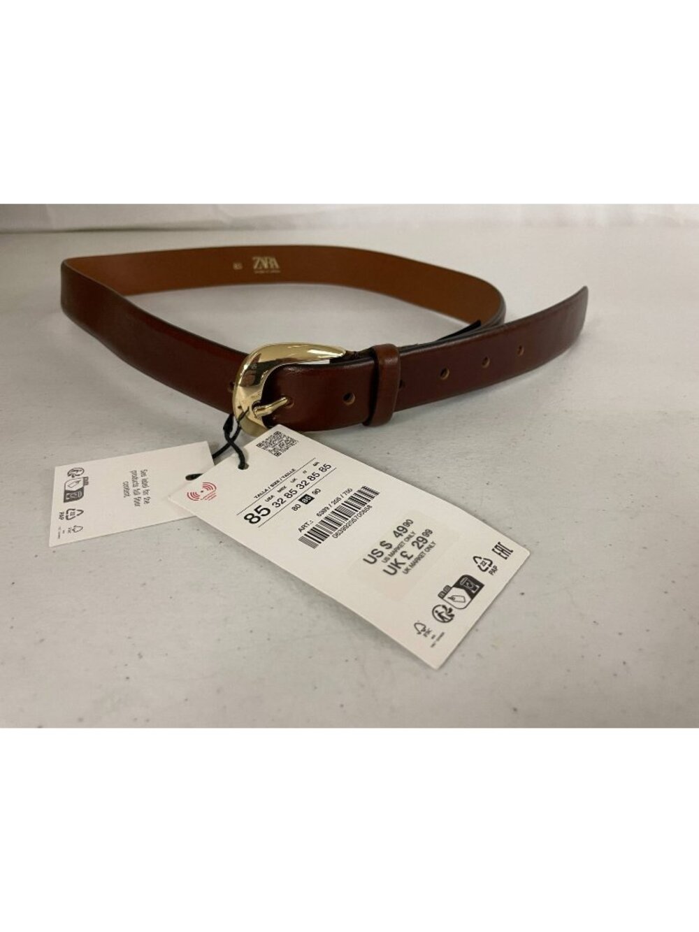 New Zara Brown Leather Belt EU 85 US 32 Gold Tone Buckle  NWT